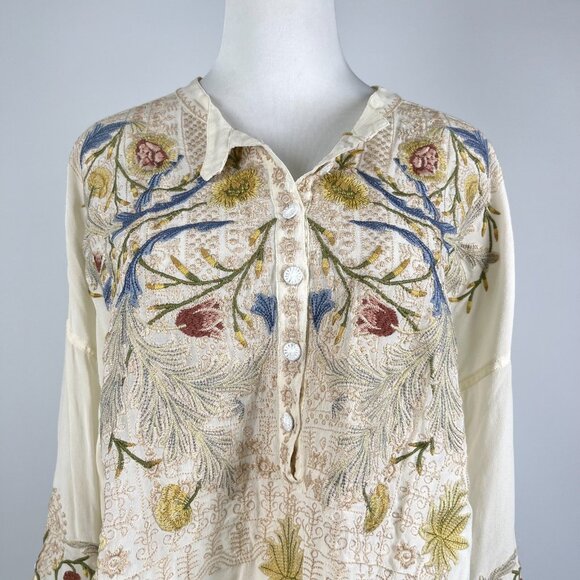 NWOT Johnny Was Biya Embroidered Floral Silk Button-Down Shirt Blouse Sz S - Picture 3 of 12